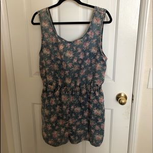 denim romper with floral design